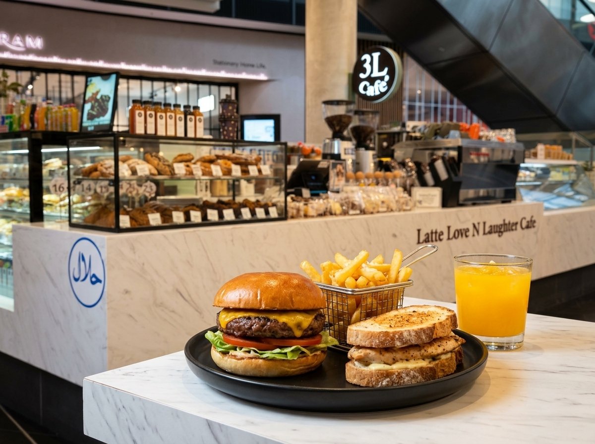 100% Halal certified gourmet burger, chips, and fresh juices at 3L Cafe