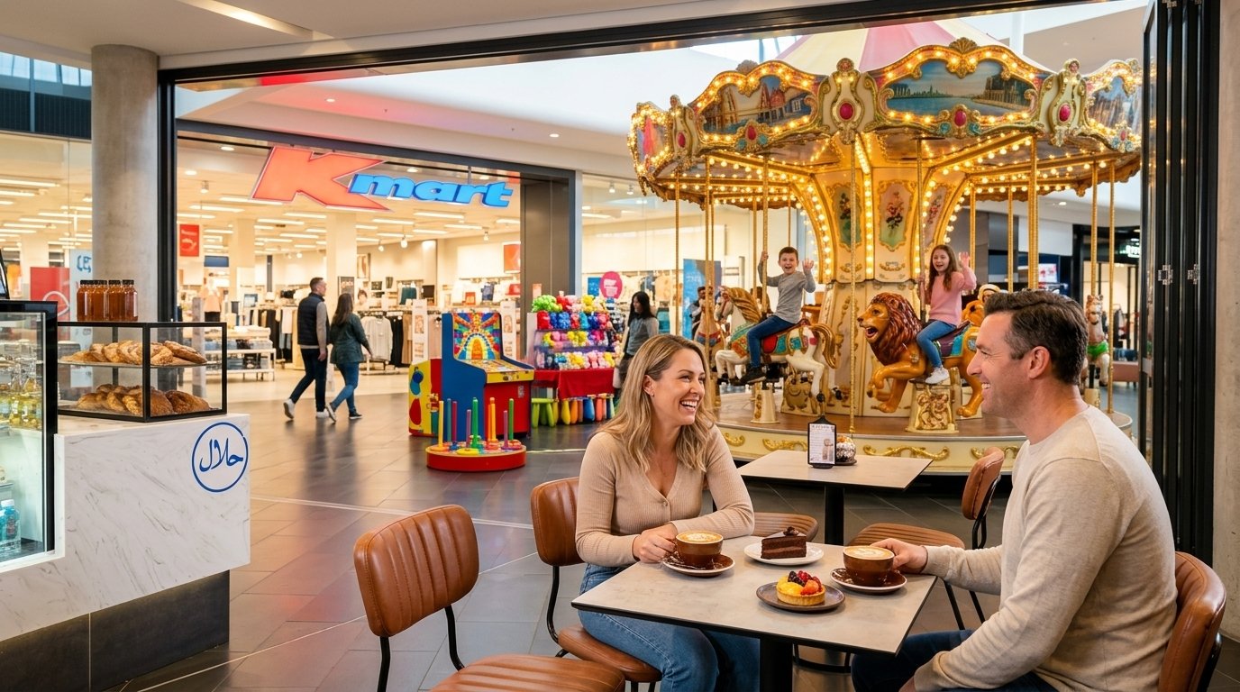 Parents relaxing at 3L Cafe table with front-row view of carnival rides outside Kmart