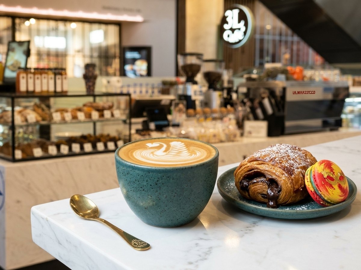 Specialty swan latte art coffee and fresh pastries at 3L Cafe counter
