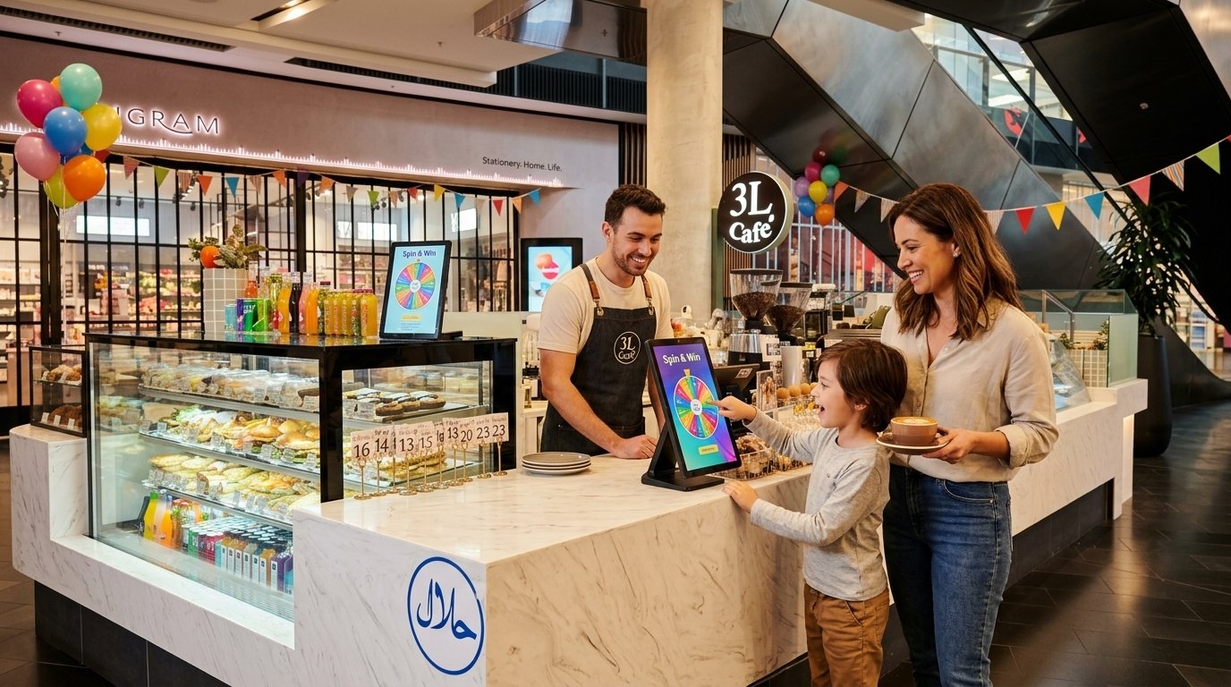 Kids spinning digital wheel at 3L Cafe counter
